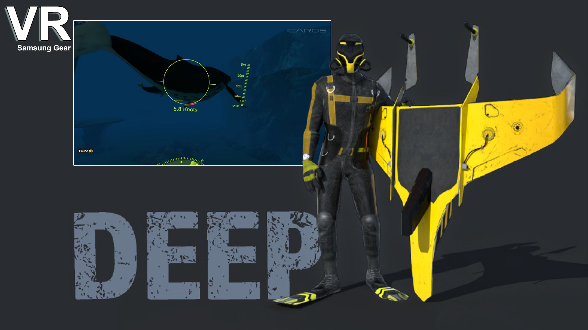 Shows a picture of a diver with a sea diving glider that looks like a manta ray. Beside him a a picture of in game footage with a whale. Game Deep by icaros